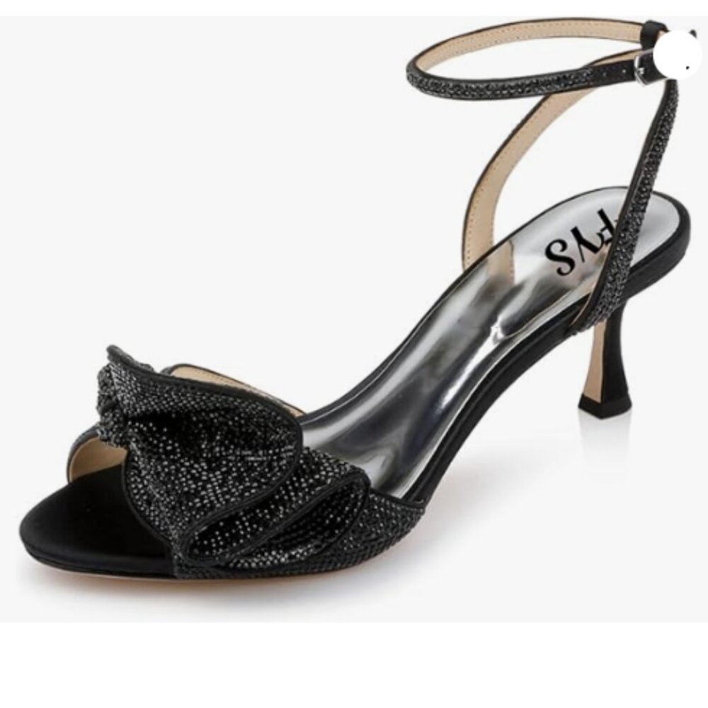 FYS Women Cute Rhinestones Bow Peep Toe Low Kitten Heel Ankle Strap Sandal Black